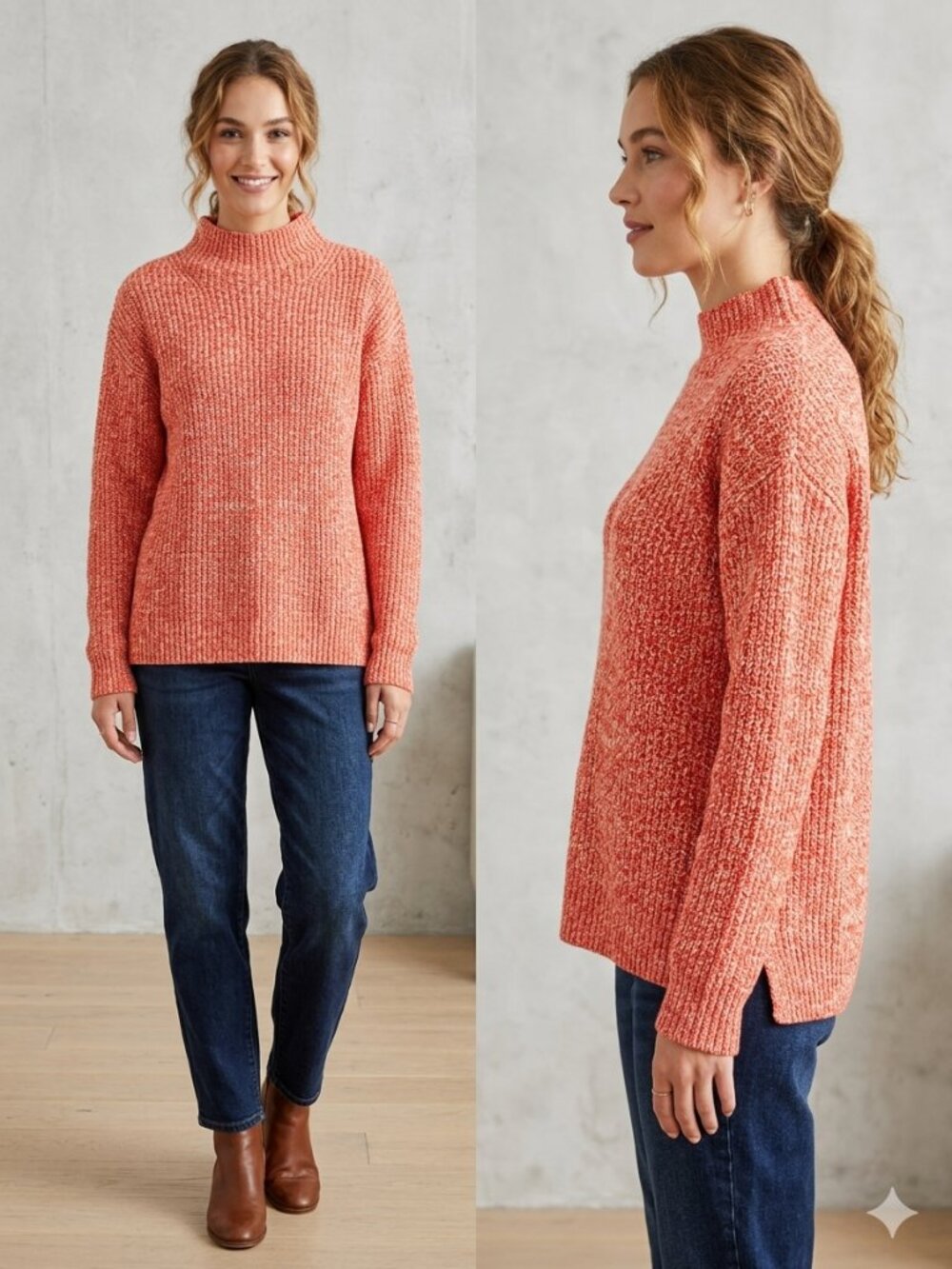 LOFT Orange White Crewneck Knitted Cotton Cozy Blend Sweater - Size Large